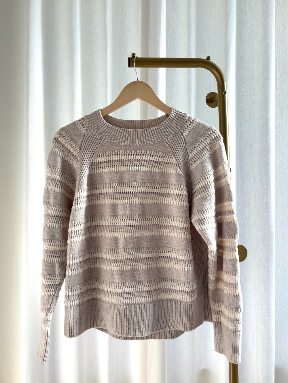 Club Monaco Cream and Taupe Stripe Crewneck Sweater Size M - loose loop in back
